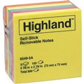 POST IT 3M 65495A HIGHLAND 100 SHEETS PER PAD 76 X 76MM ASSORTED BRIGHT COLOURS 5PK