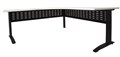 DELUXE RAPID SPAN CORNER WORKSTATION METAL MODESTY PANEL 1500 X 1500 X 750MMD BLACK FRAME  OAK TOP