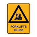 SIGN  FORKLIFTS IN USE  WITH HAZARD TRIANGLE AND FORKLIFT IMAGE POLYPROPYLENE YELLOW  BLACK 450MM X 600MM